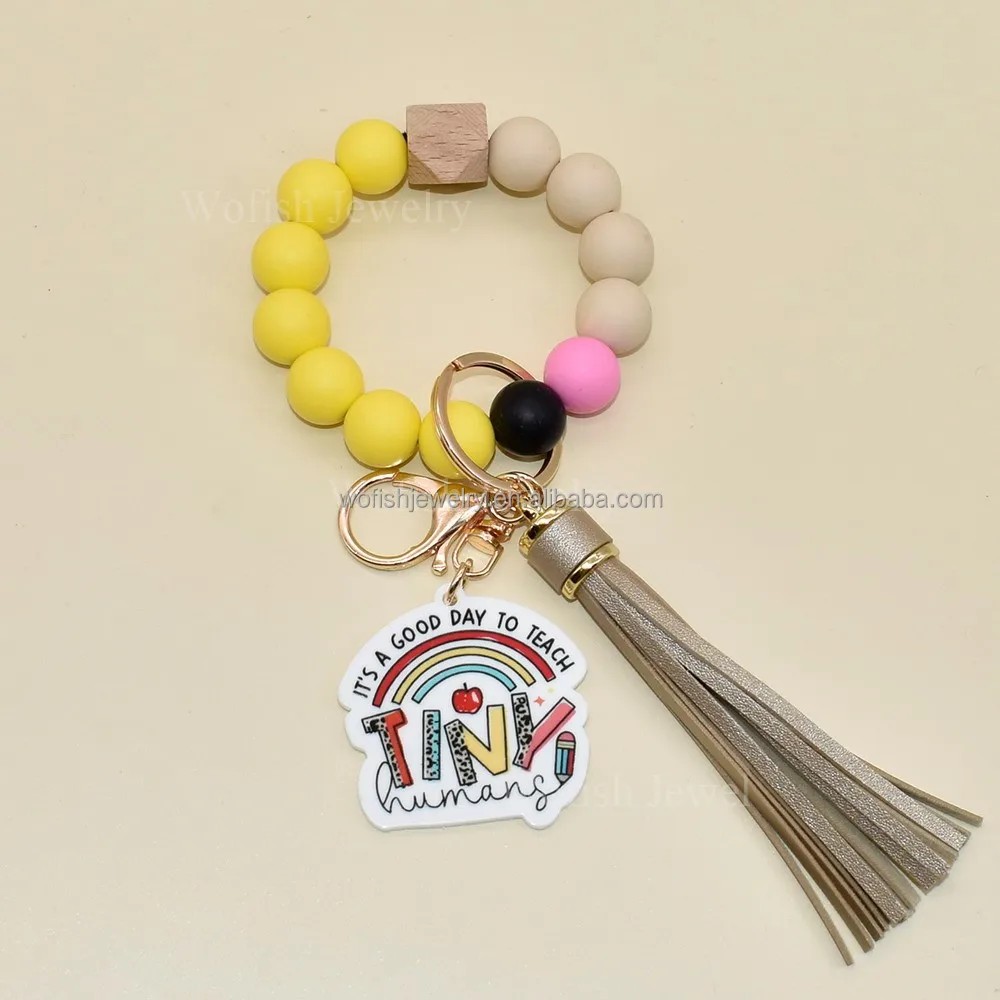 Wofish Designs Silicone Pencil Colors Beaded With IT IS GOOD DAY TO TEACH TNIY Disc Charm Wristlet Bracelet Keychain For Teacher