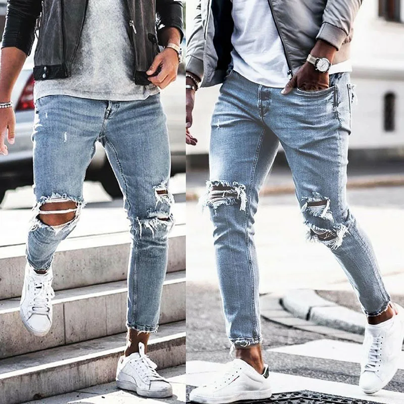 2021 Streetwear Men Skinny Ripped jeans male Stylish Solid high quality elastic Slim hip hop Cotton denim trousers