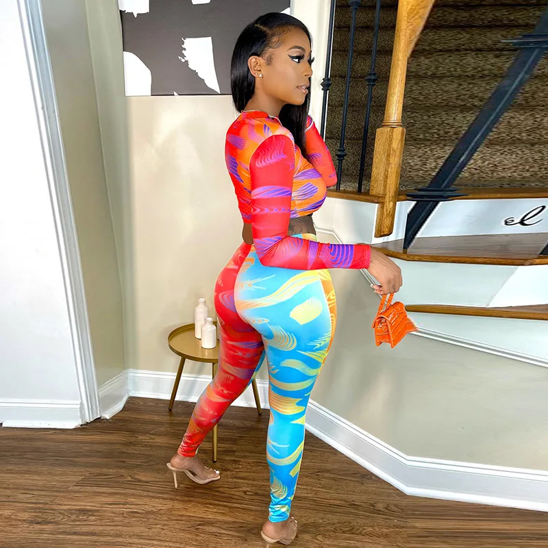 Fall 2021 women clothes new style tie-dye printed t-shirt high waist sports fall sets casual 2 piece