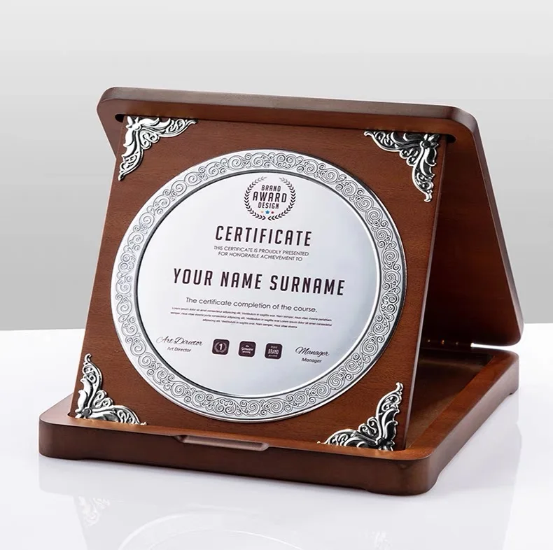 Customized aluminum foldable wooden certificate plaque Medal Award Blank Solid Wood Plaques MH-NJ0310