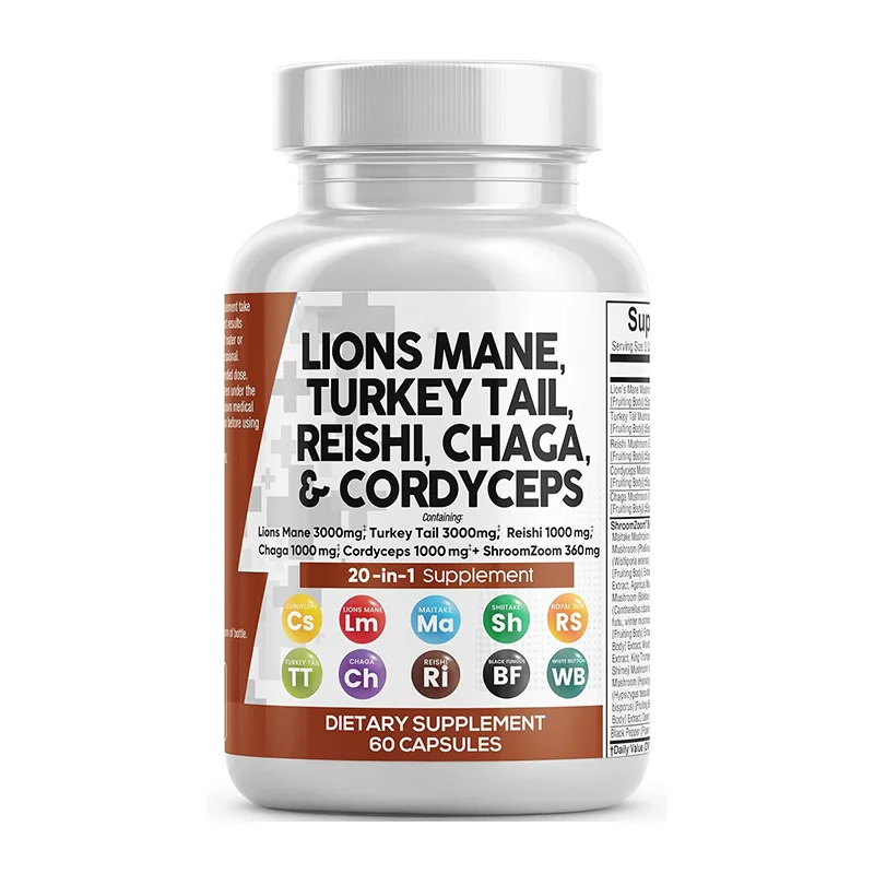 Factory Supply 20 in 1 Reishi Powerful Mix Mushroom Extract Capsules Blend Lions Mane,Cordyceps,Reishi,Chaga,Turkey Tail Chaga