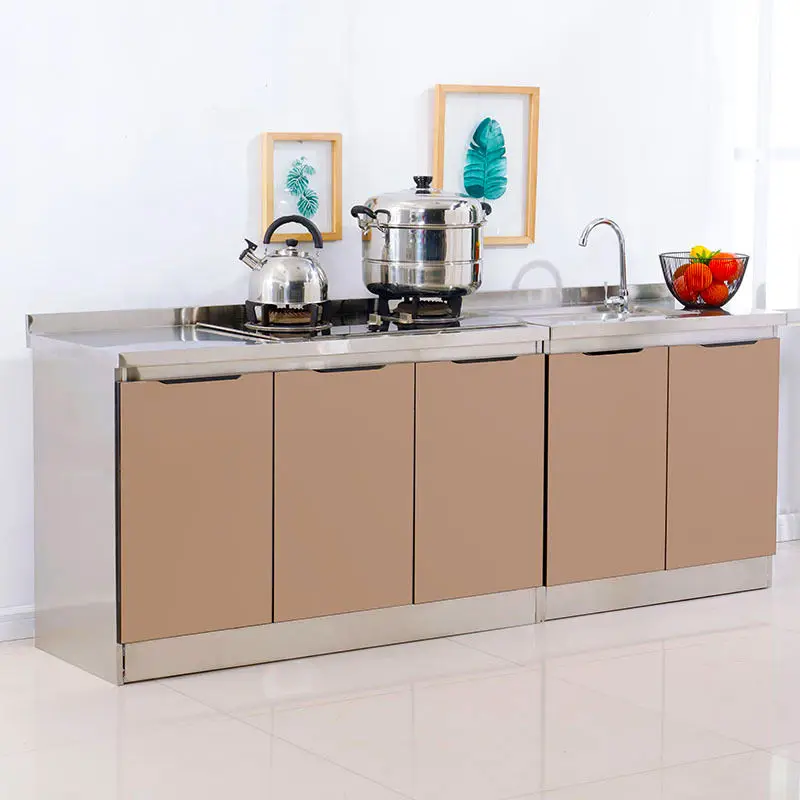 SUS304 Countertop Indoor Outdoor Glass Door Cupboard Modular Stainless Steel Kitchen Cabinet With Sink
