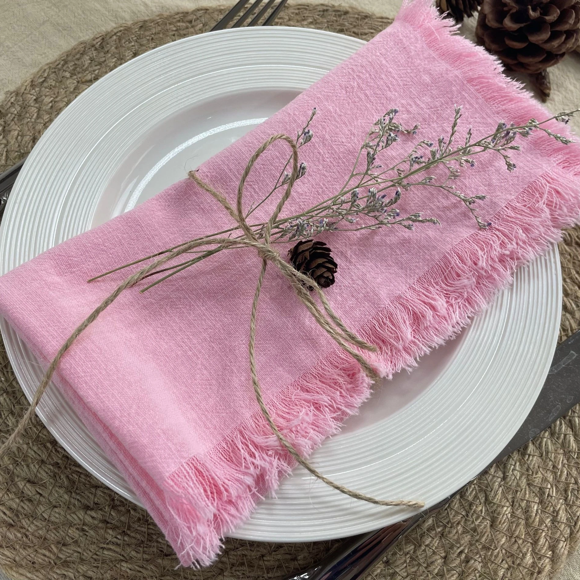TS011 Versatile Handmade Square Rustic Fringe Napkins for Dinner pink cloth napkins 18'x18'