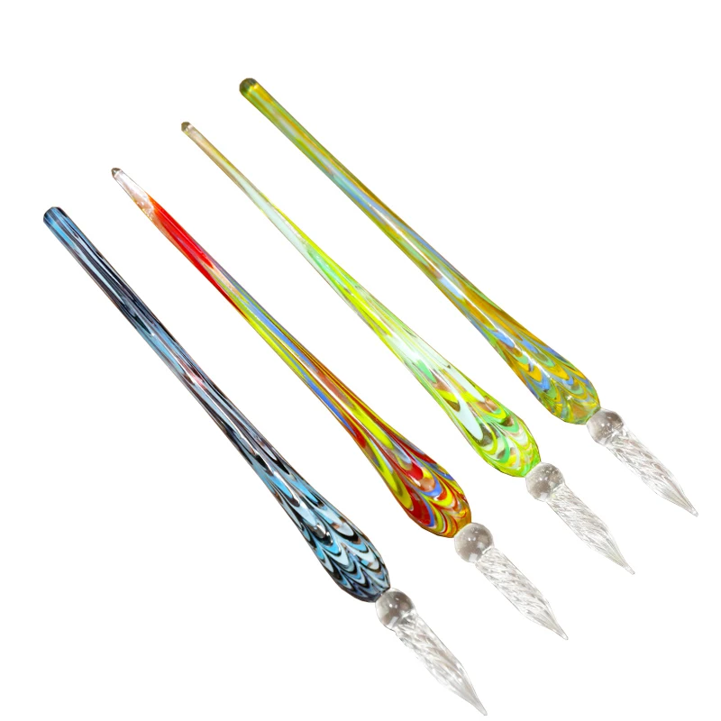 Wholesale Ribbon Glass Dip Pen Glass Handmade Peacock Tail Spiral Nib Tip Dip Pen with Penholder for Office Tableware Decor
