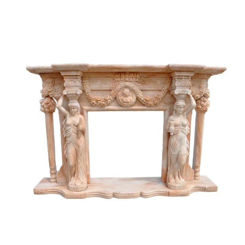 Luxurious marble fireplace mantel with women statue