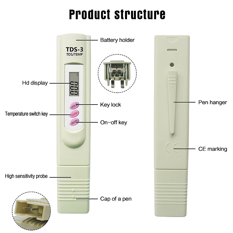 Digital LCD Water Quality Test TDS 3 Meter Purity Filter TDS Meter 0-9990 PPM Temp Tester