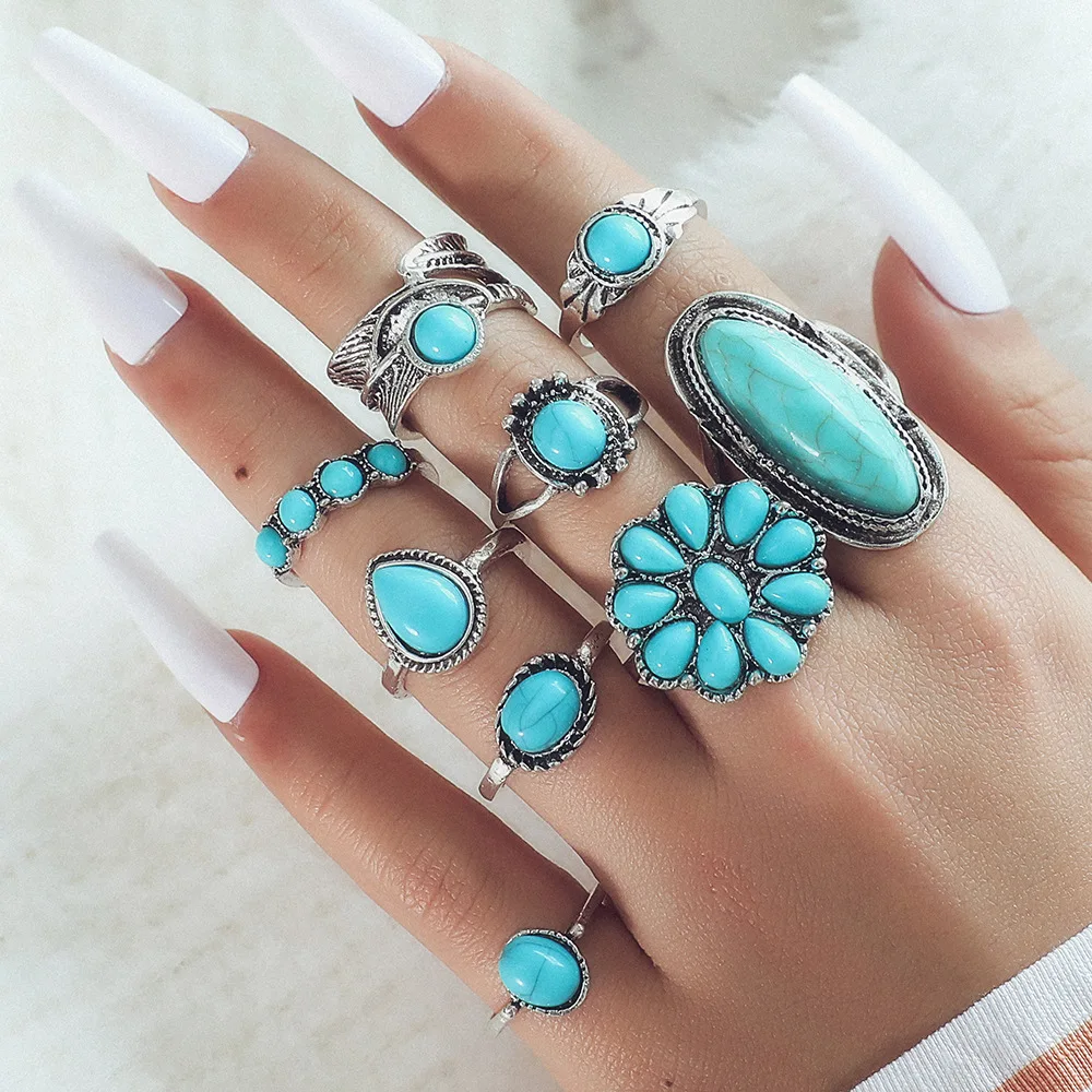 7/8/9Psc/Set Personalized Emerald Natural Stone Fashion Ethnic Vintage Style With Turquoise Carved Feather Ring Jewelry Ring Set