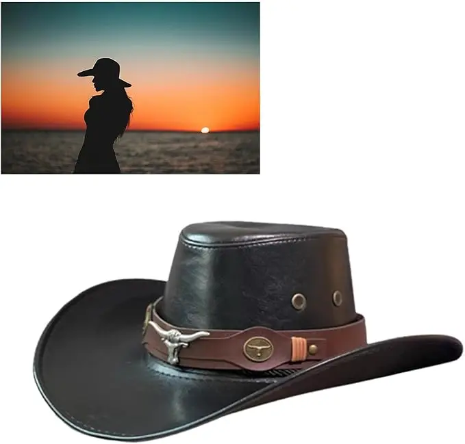 Western Costume Party Unisex Cowgirl Hat Leather Handmade Cowboy Hat With Bull Horn Belt