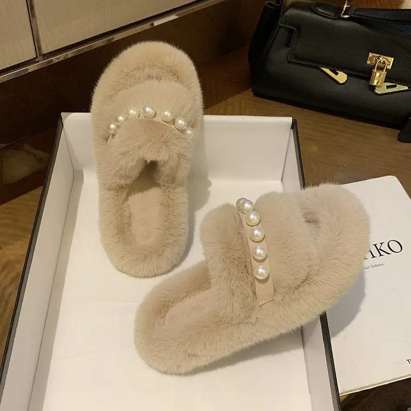 Cotton slippers wool slippers female outer wear net red autumn and winter cute pearl velvet home a word tide