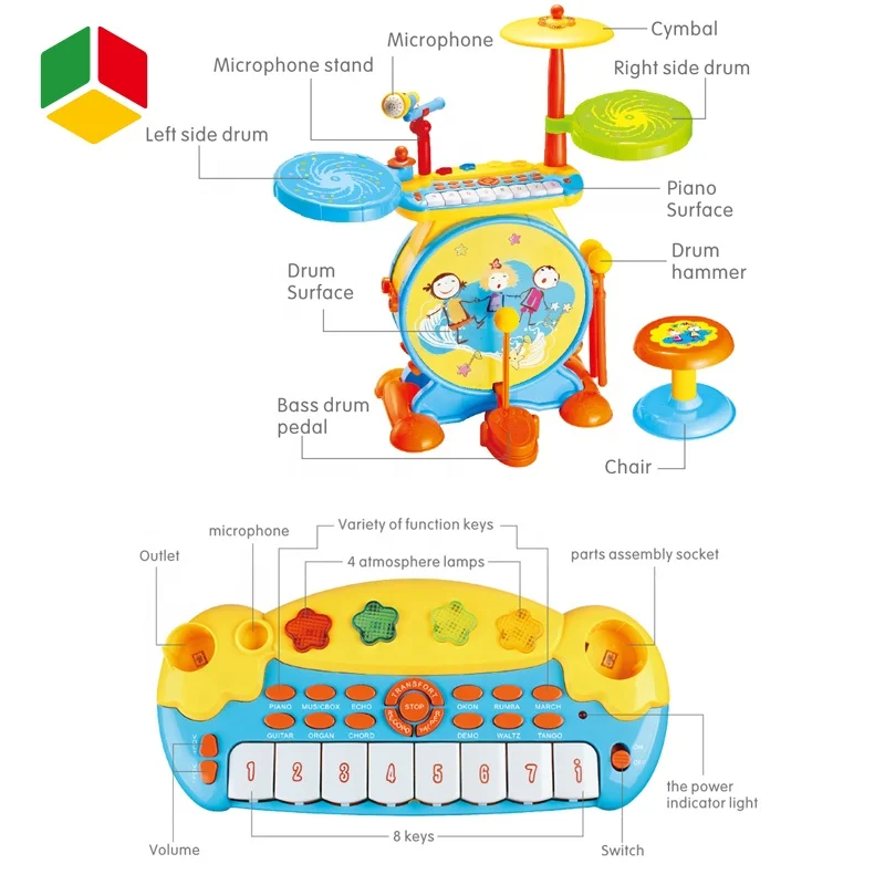 QS Toy 2 IN 1 Musical Instrument Gift Kid Plastic Toddler Cartoon Music Toy Jazz Drums Electronic Keyboard Piano From China Toy