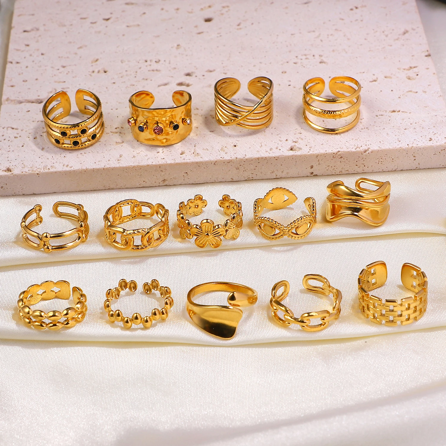 YICAI 18k Gold Link Chain Open Ring Geometric Twisted Wide Band Adjustable Cheap Stainless Steel Jewelry Ring Set For Women