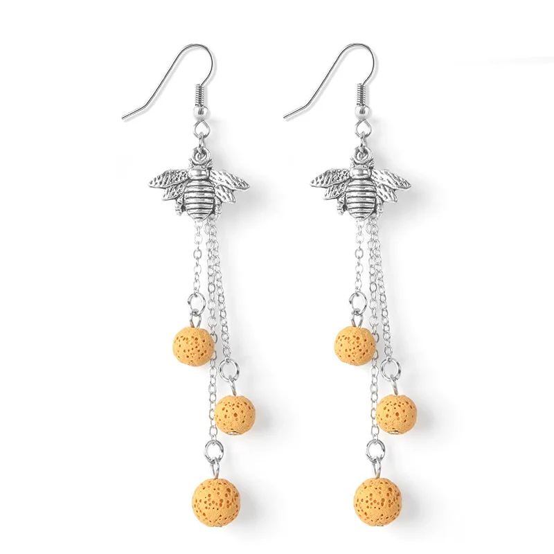 Tree of Life Pattern Bee Star Colorful round Lava Stone Essential Oil Diffuser Earring Aromatherapy Rock Stone Earring Jewelry