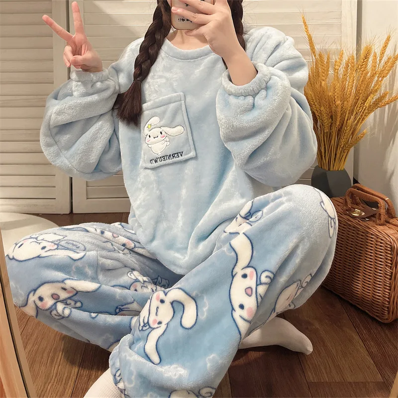 W-716 Sleeping Clothes set Long Sleeve O-neck soft cotton Women Pajamas Set Cartoon Women Girl Coral Velvet Warm Pajamas