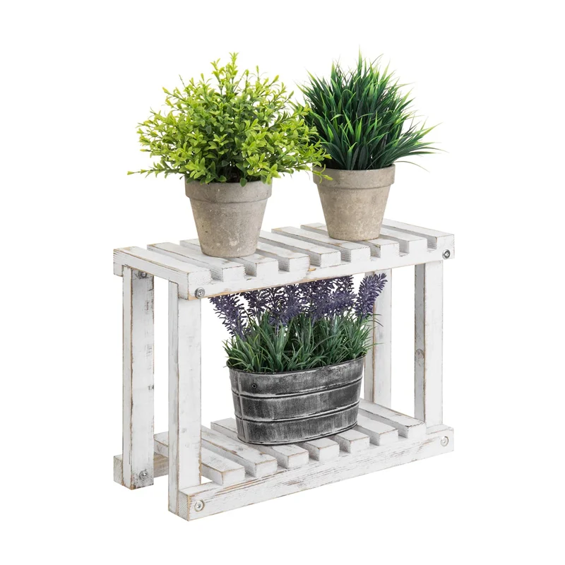 Rustic Whitewashed 2 Tier Freestanding Wooden Plant Stand Display Shelf