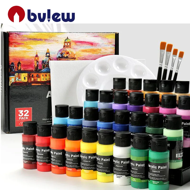 32 Pack 24 Colors Acrylic Paint No Fading Rich Pigment Matte Acrylic Paint Set With 6 Paint Brush,1Palette,1Canvas Panel