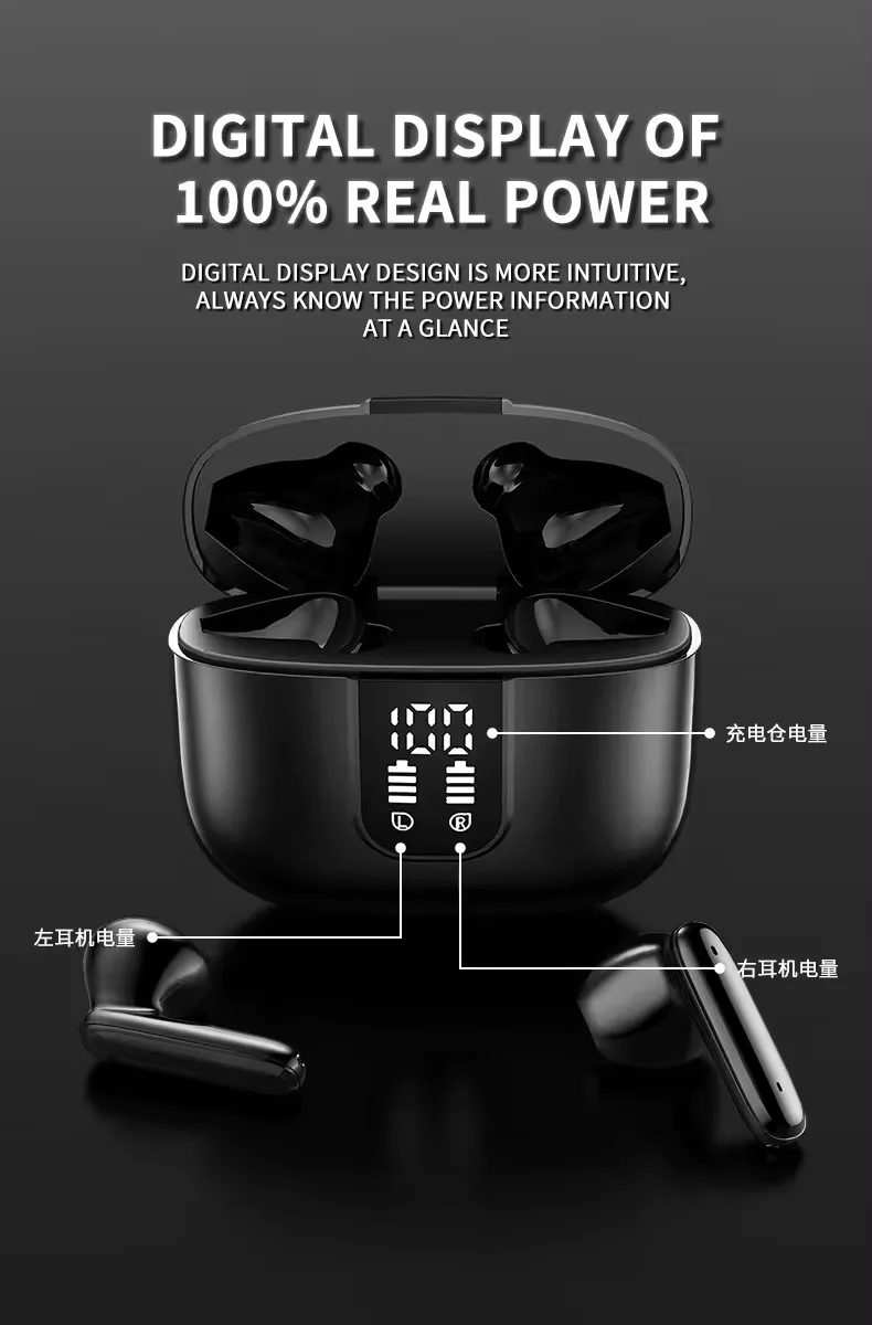 Double Label ENC Noise-Cancelling TWS Earbuds LED Wireless BT Calling Waterproof Gaming In-Ear Headphones with Digital Functions
