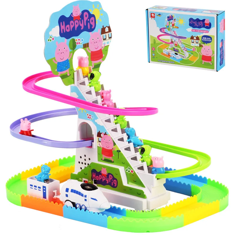 Electric Track Piggy Climbing Stairs Toys with Music Light Slide the Game Match