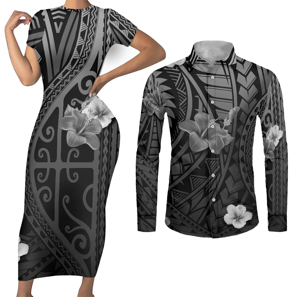 HD Gradient Tongan Island Print Long Bodycon Cheap Dresses Straight Fitted Dresses Women Custom Polynesian Tribal Couple Clothes