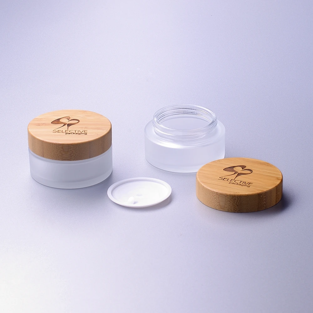 100g frosted clear  glass jar with bamboo cap