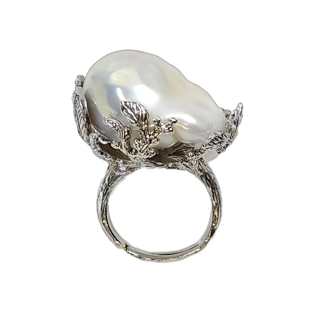 New Classic Design 17-20mm Natural Pearl Jewelry Gifts For Women S925 Sterling Silver Big Baroque 5A Aurora Pearl Rings