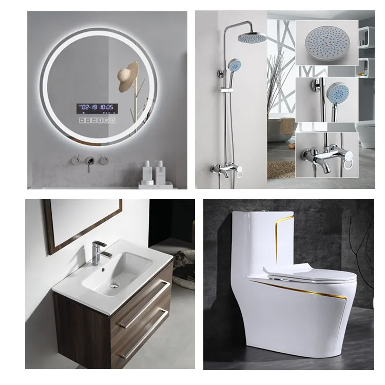 Hotel one piece color wc toilet cabinet with LED smart mirror bathroom shower cabin with toilet