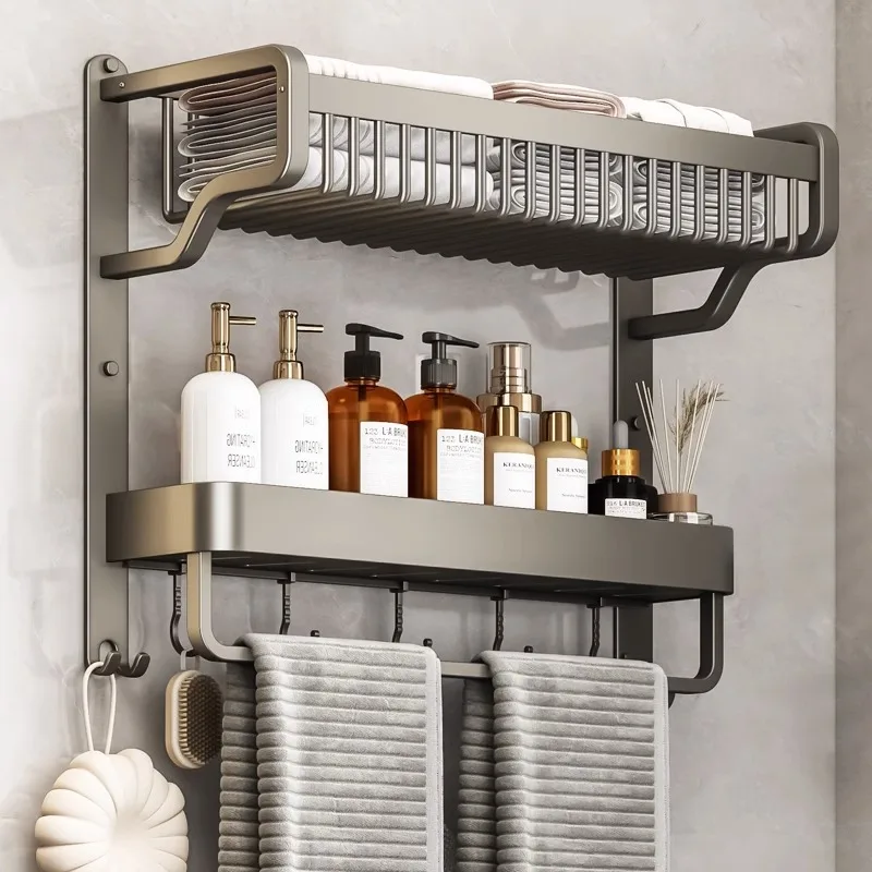 Factory Multifunction 3 Tier Towel Rack Wall-Mounted Bathroom Accessories Towel Storage Shelf Aluminum Towel Bar Shelf with Hook