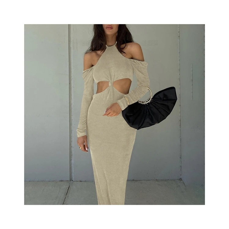 Manufacturer wholesale fashion elegant women velvet dresses sexy hollow long sleeve dress