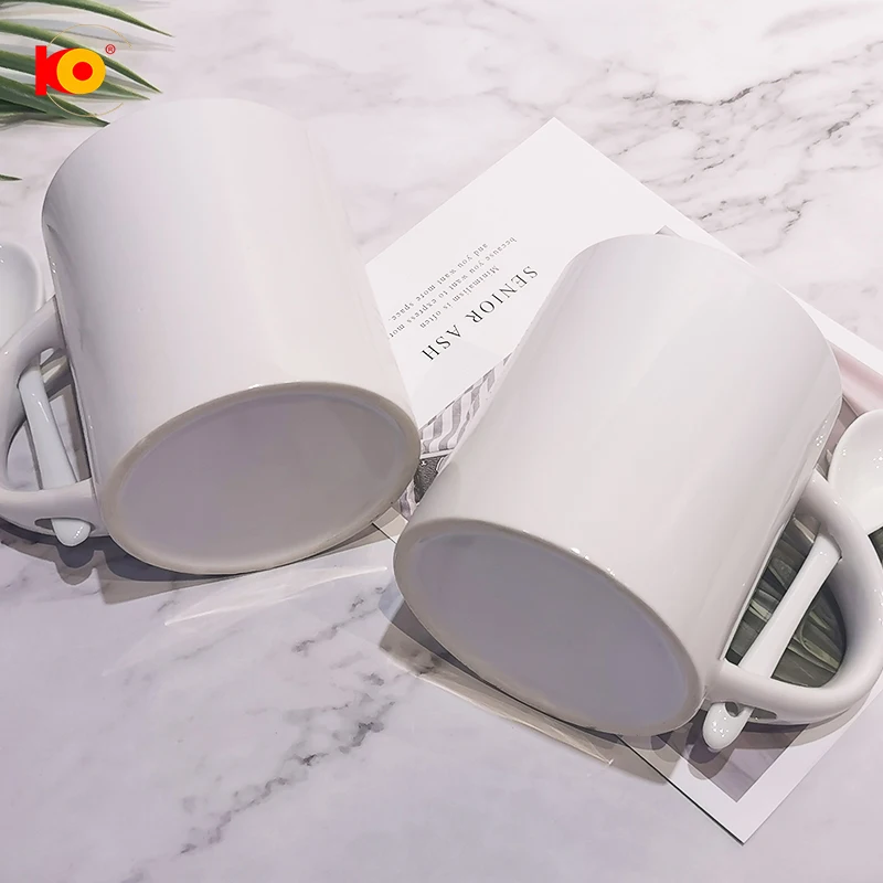 Promotional Advertising 11oz white ceramic mug coated sublimation mug with spoon