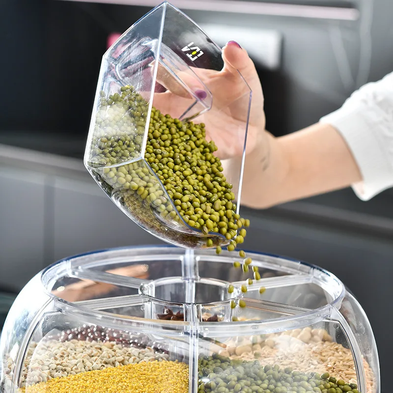 Plastic 360 Degree Rotation Storage Container Cereal Dry Food Rice Grain Storage Dispenser Box with Measuring Cup