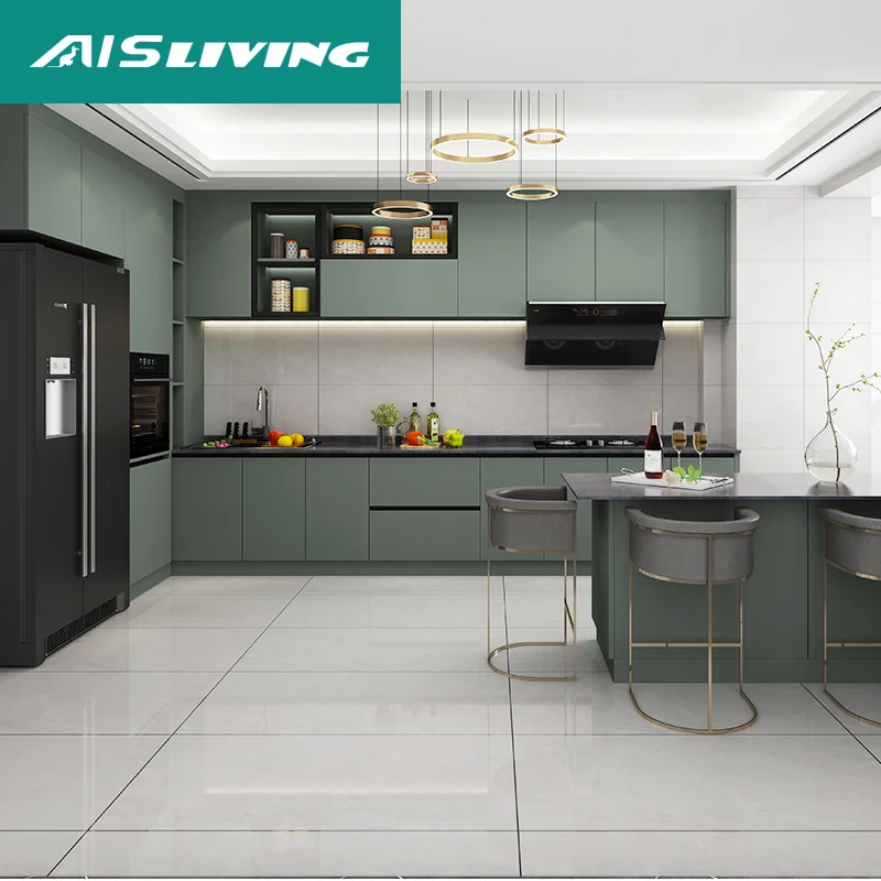 AIS Modern Minimalistic Style Designs Small Complete Custom Home Furniture L Shaped Melamine Unit Cabinets Kitchen With Sink