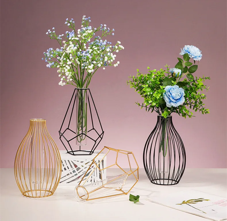 High Quality Metal Vase Home Decors Hanging Test Tube Metal Wall Gold Transparent Flower Vase Home Decoration