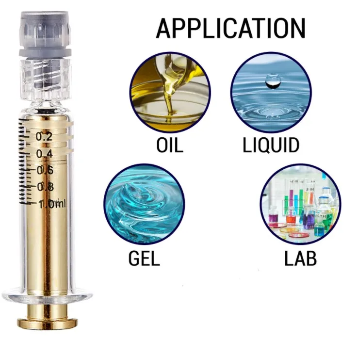 Factory 1 ml 2.25ml 3ml 5ml luer lock glass syringe with gold metal plunger