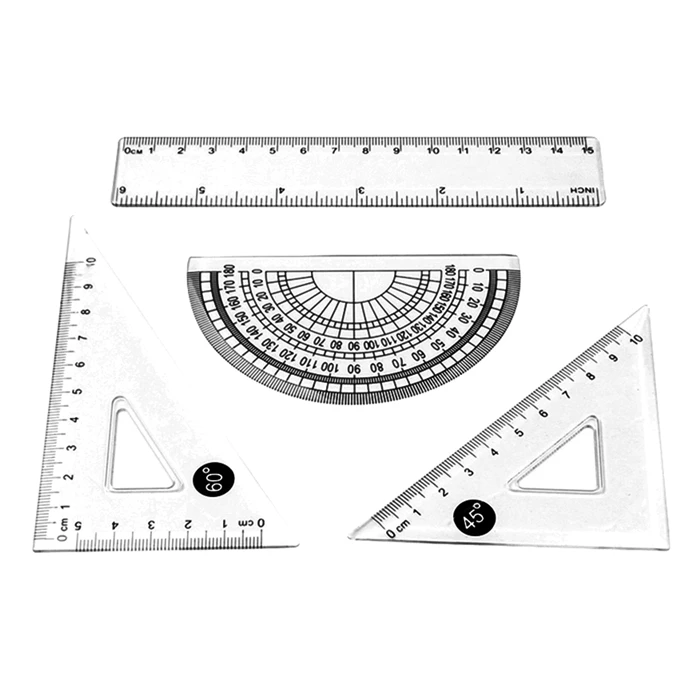 A four-piece set of student stationery contains a 15cm ruler, a 45-degree triangle, and a 60-degree triangle protractor