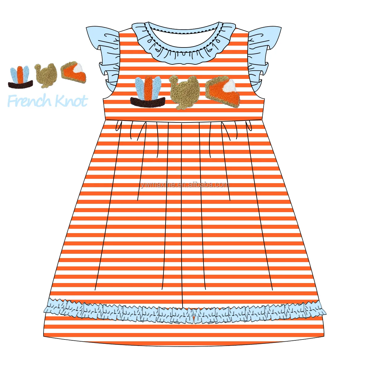 Hot Sale Thanksgiving Day Boy Clothing Fall Outfit 100% Cotton Casual Short Sleeve Striped 2pcs sets French Knot Boy Clothes