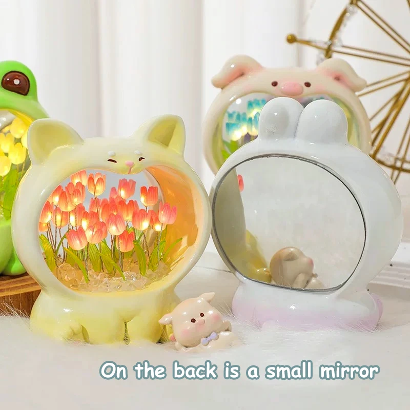 Creative Home Decor Handmade DIY Tulip Animals 10 Flower Lamp Romantic LED Tulip Mirror Night Light for Bedroom Girls Gift