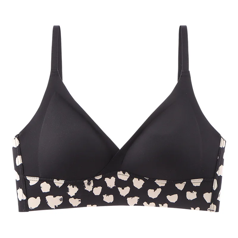 Comfy Stylish Peach Heart Leopard Print Wireless Bra Triangle Cup Shape Push-Up Feature Breathable Thin for Adults Any Age Group