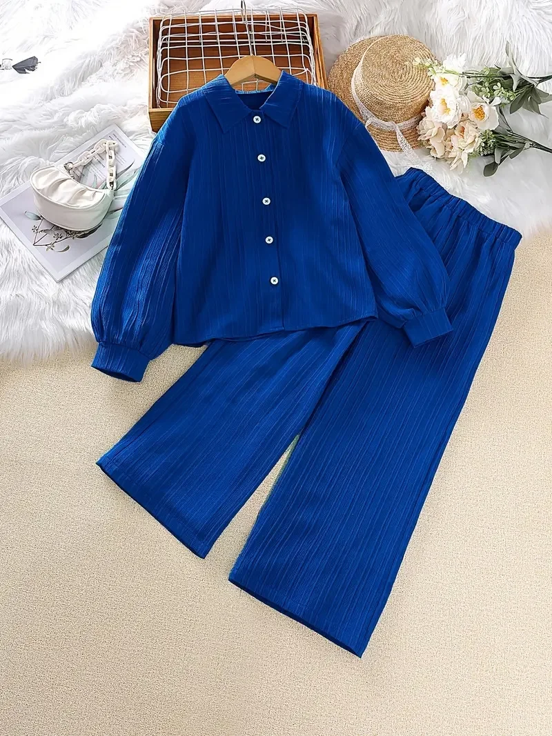 Ms-250 2024 Girl Clothing Spring Set Button Blouse Top + Wide Leg Pants Causal Children Clothes for Kids 10 to 12 Years Girls