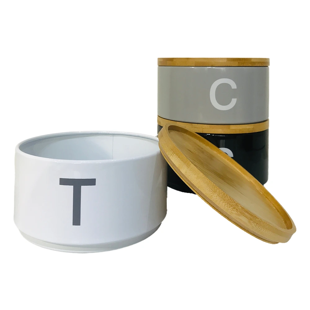 Custom 3pk Stackable Kitchen Storage Metal Canisters 3 Tier Tea Coffee Sugar Set with Bamboo Lids Fresh Style for Food Use