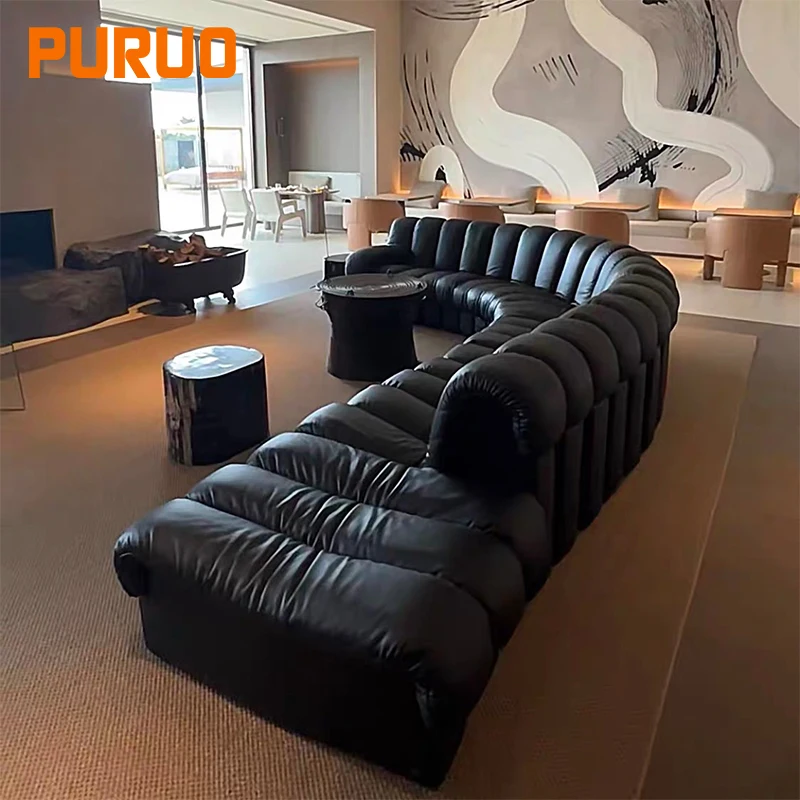 Puruo Italian Modern large size hotel lobby 7 seater Sofas Luxury Curved sectional Modular Floor couch L Sofa Set