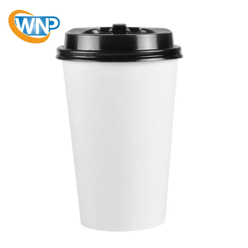 
16oz disposable single wall white paper cup with black lid 