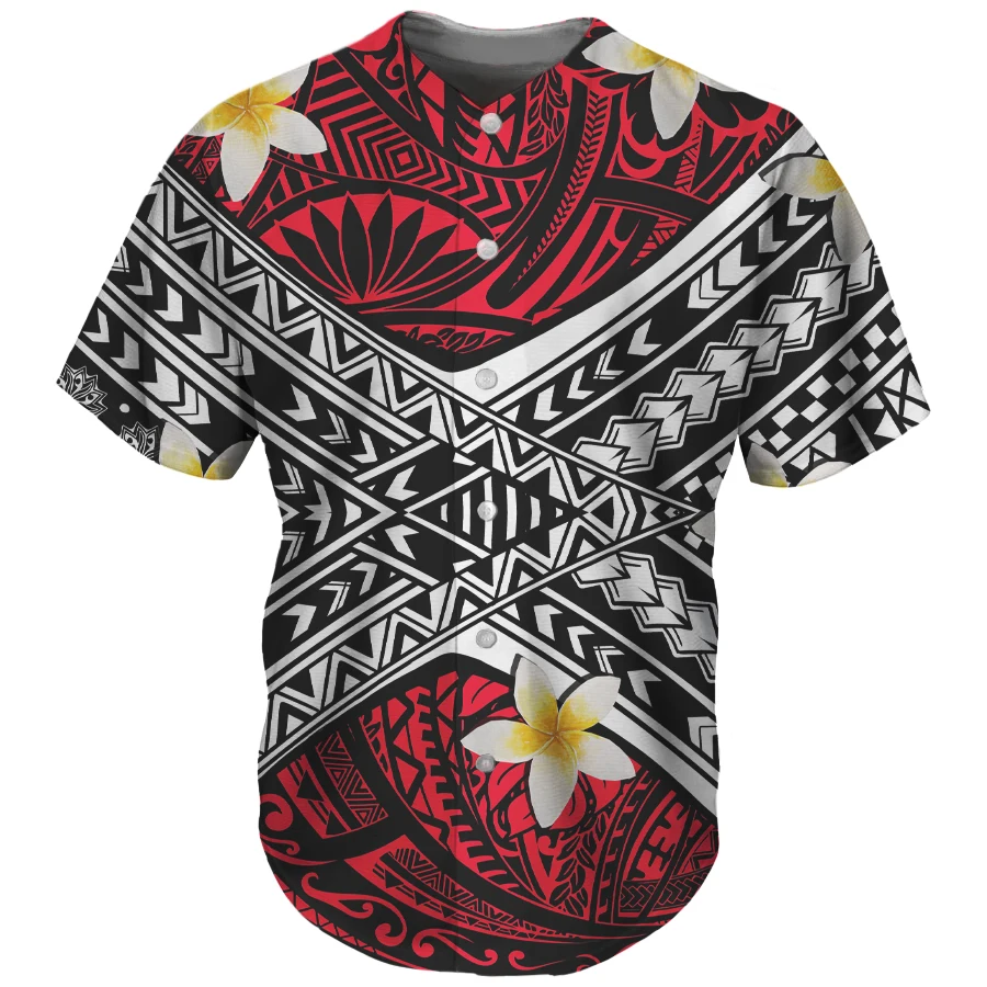 Polynesian tribal design Red and black printing plumeria baseball wear uniform custom logo men Plus size baseball jerseys