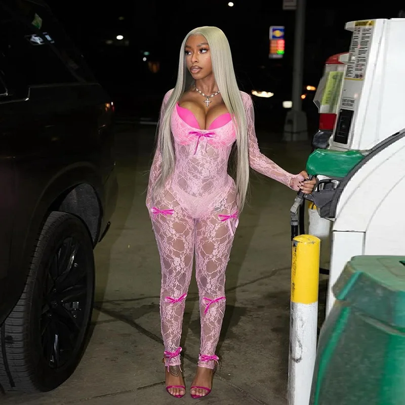 2024 кружевные комбинезоны с бантом Женские однотонные пикантные длинным рукавом квадратным вырезом узкие облегающие Женская полуночная одежда