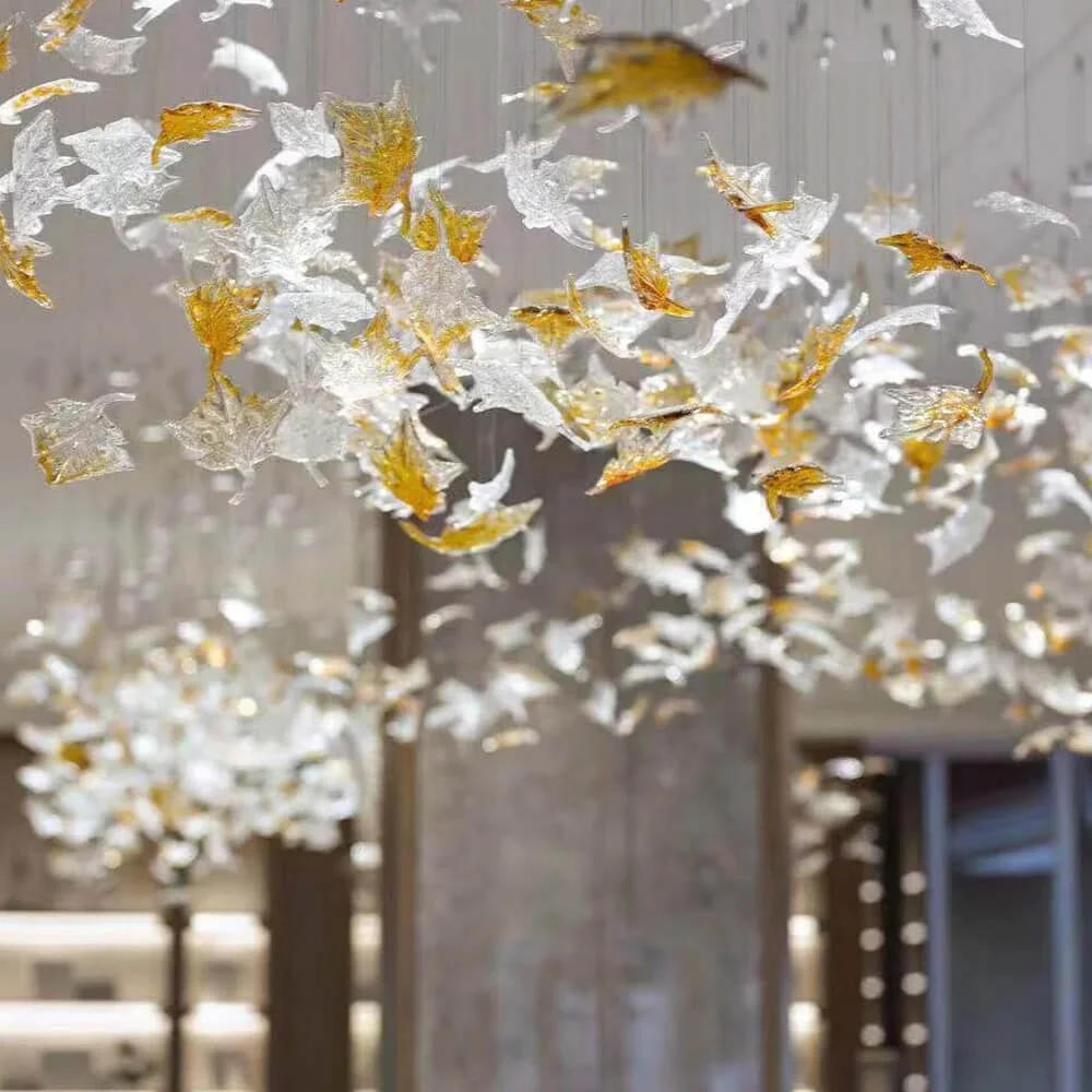 Modern Art Blown Glass Lead Chandelier Living Room Hotel Lobby Villa Hanging Pendant Lights Modern Maple Glass Leaf Chandelier