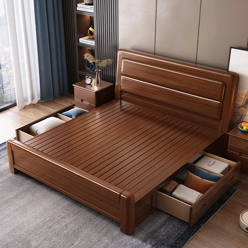 Luxury bedroom furniture set walnut bed modern Chinese double solid wood bed 1.8m wedding storage king bed
