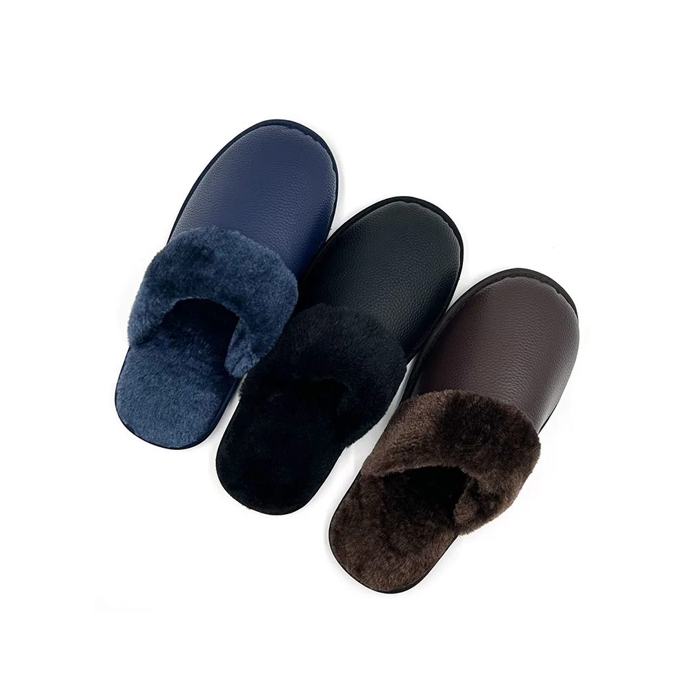 Wholesale men high quality footwear design TPR sole winter leather indoor slippers