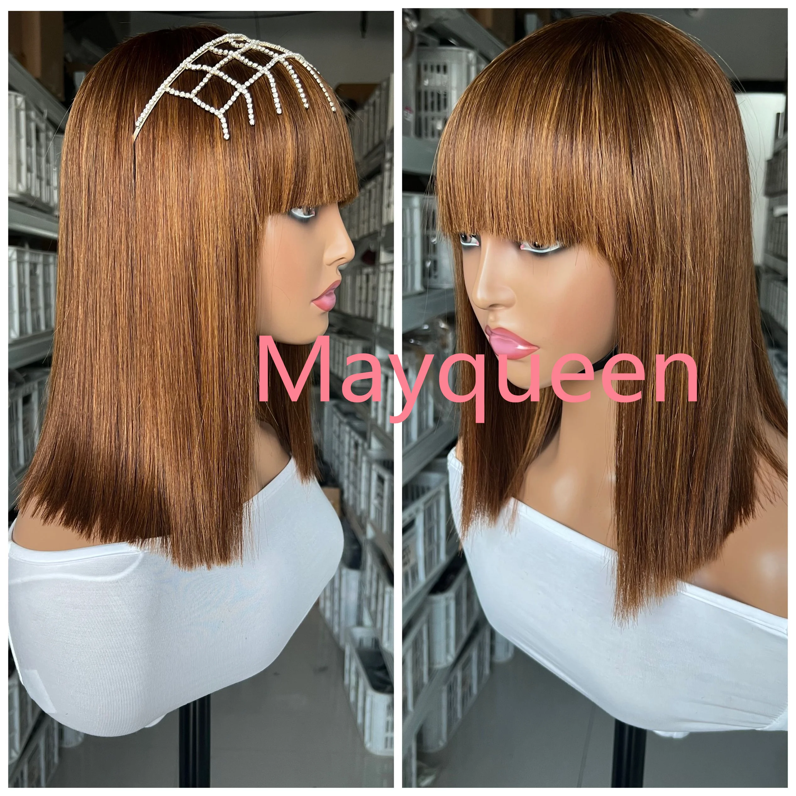 Wholesale Human Hair Bob Straight Machine Made Virgin Human Hair Wigs With Bang For Black Women