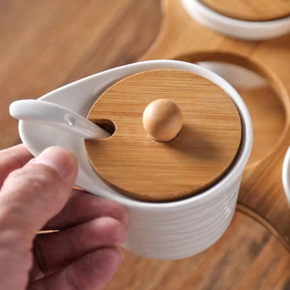 Ceramic Condiment Jars Set with Spoons & Bamboo Lids Spice Pots Containers with Rotatable Wooden Serving Rack