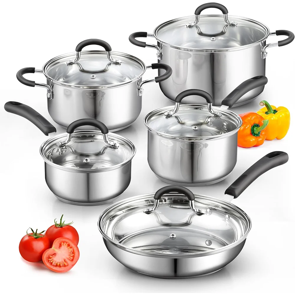 MYH Tri-Ply Stainless Steel Dishwasher Safe Cookware Sets 10-Piece with Stay-Cool Handles
