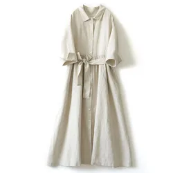 Factory Direct Sale Japanese Literary Pure Linen Lapel Dress Shirt Long Skirt