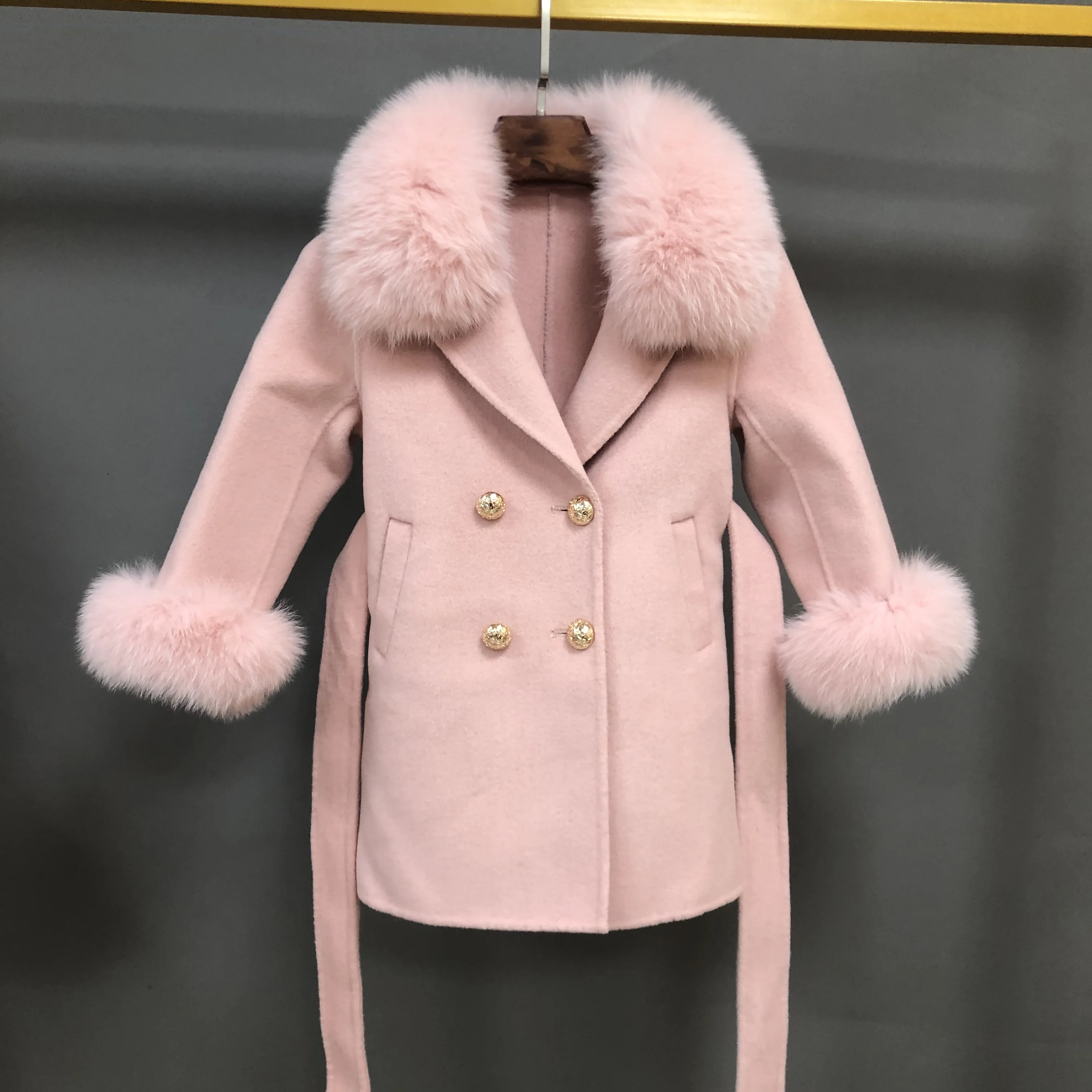 Winter Children Pink Cashmere Coat Real Fox Fur Collar Elegant Wool Overcoat Kids Trench Coat Belt Girls